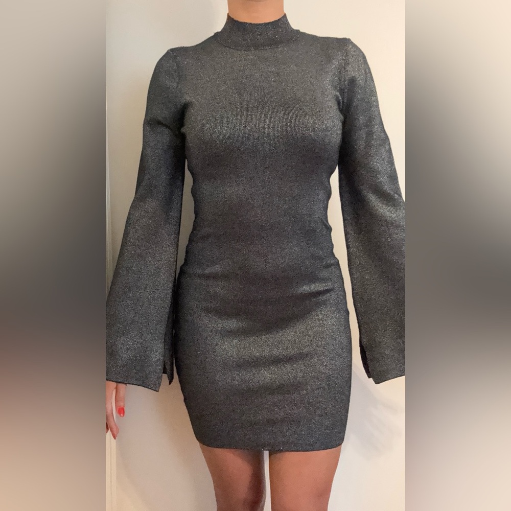 Fashion Nova Metallic Gray Long Sleeve Dress